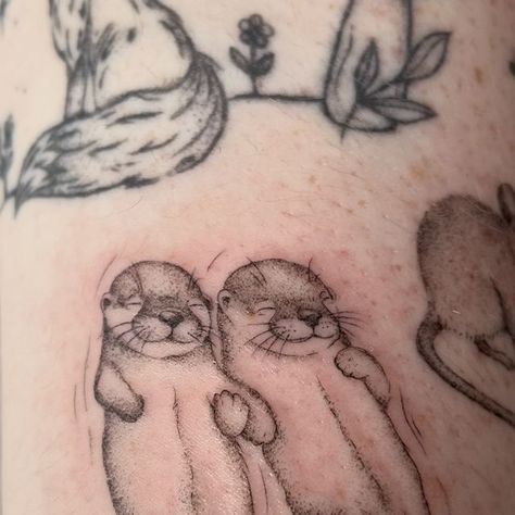 Sea Otter Tattoo, Sea Otters Holding Hands, Otter Tattoo, Otters Holding Hands, Sea Otters, Chest Tattoo Men, Sea Otter, Fine Line Tattoos, A Sea