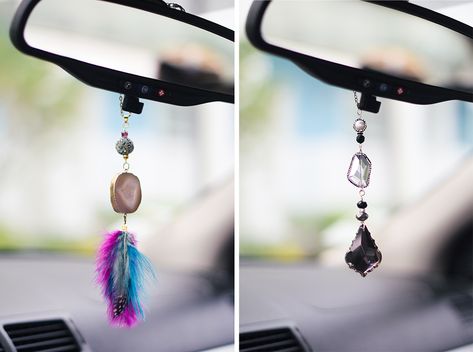 Super sparkles shine bright with this DIY car charm tutorial! Have you ever thought about making jewelry for your car? Well, it’s super easy when you mix crystals, feathers, druzy, charms and more – and these designs come together in minutes! What’s great about these designs is that they are totally customizable – create a … Rear View Mirror Charm Diy, Diy Rearview Mirror Charm, Diy Car Interior, Car Suncatcher, Beaded Car Charms, Interior Decoration Ideas, Crystal Car Charms, Car Crystals, Diy Bohemian