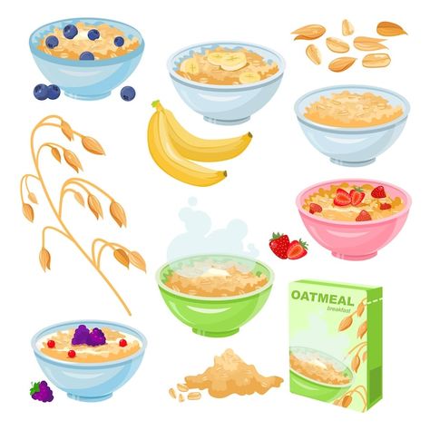 Oatmeal Drawing, Cartoon Breakfast, Oatmeal For Breakfast, Cartoon Kitchen, Box Cartoon, Food Sticker, Recipe Drawing, Nutrition Food, Oats Quaker