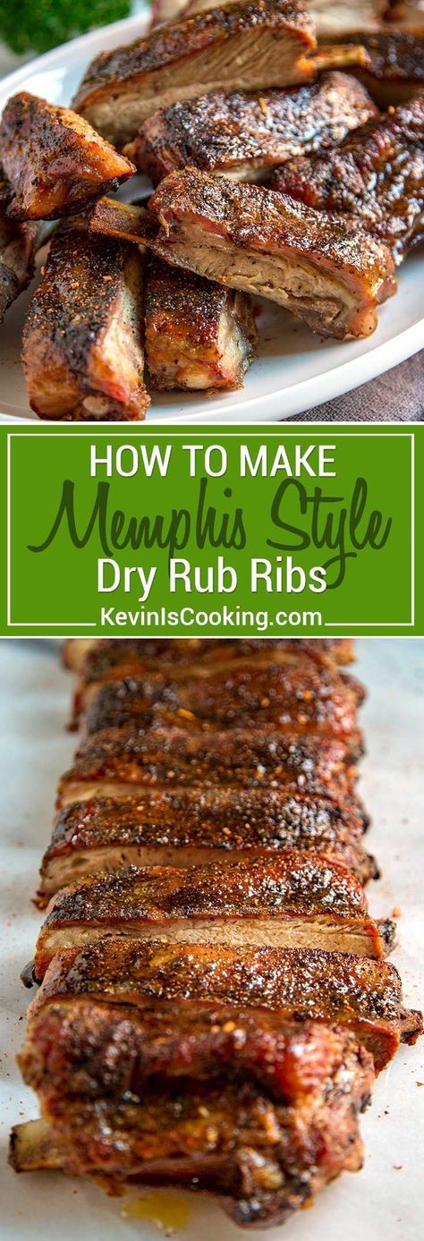 When making Memphis Style Ribs, it's all about the dry rub. The rub of pepper and spices is your source of flavor since this is a rib that doesn’t rely on a BBQ sauce. A light mop sauce of vinegar is most often used during cooking, but I like to use apple juice. #ribs #pork #Memphis via @keviniscooking Memphis Style Ribs, Dry Rub Ribs, Mop Sauce, Dry Rub Recipes, Smoked Ribs, Rub Recipes, Memphis Style, Nut Butters, Smoked Food Recipes