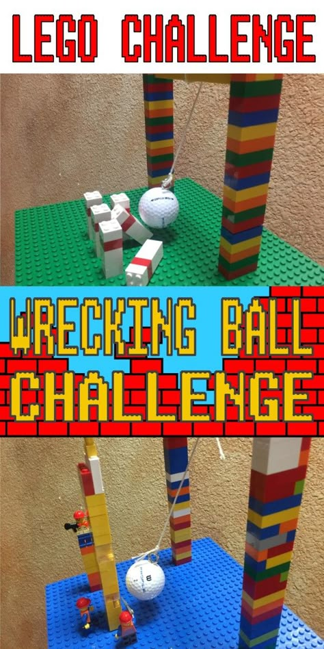 WRECKING BALL TIME! I came up with this one when I saw this post, where kids use an apple as a wrecking ball.  But as always, I wanted to put my own spin on it and make it accessible to my Lego Clu… Lego Day Activities, Lego Challenges For Kids, Lego Camp, Lego Math, Lego Challenge, Fun List, Lego Club, Lego Diy, Lego Activities