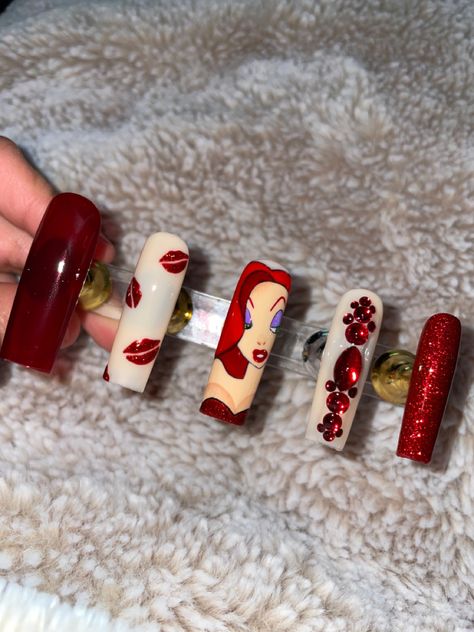 Character Nail Art Valentines, Jessica Rabbit Acrylic Nails, Valentine Character Nails, Character Valentines Nails, Cartoon Characters Nails, Cartoon Characters Nail Art, Jessica Rabbit Nails, Valentines Day Nails With Initials, Disney Character Nails