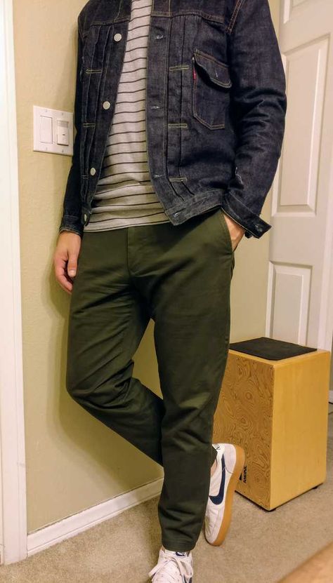 Fall Outfits For Men, Olive Chinos, Mens Smart Casual Outfits, Navy Denim Jacket, Outfits For Men, Smart Casual Men, Stylish Men Casual, Fall Outfits Men, Androgynous Fashion