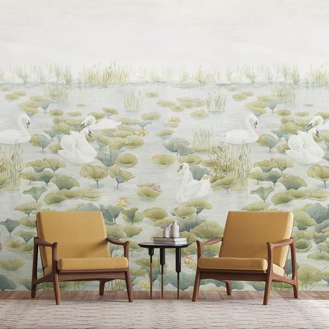 Inspired by the elegance and grace of Tchaikovsky's Swan Lake, this enchanting mural wallpaper depicts a group of swans amongst the lilies, inviting you to bring art, nature and tranquility into the home. Painted at 100% scale, the Swan Lake Wallpaper Mural is authentically reproduced onto a luxurious, non-woven materi Lily Pad Wallpaper, Swan Lake Wallpaper, Lake Mural, Wallpaper Colour, Lake Wallpaper, Swan Wallpaper, Kempinski Hotel, L Wallpaper, Tree Mural