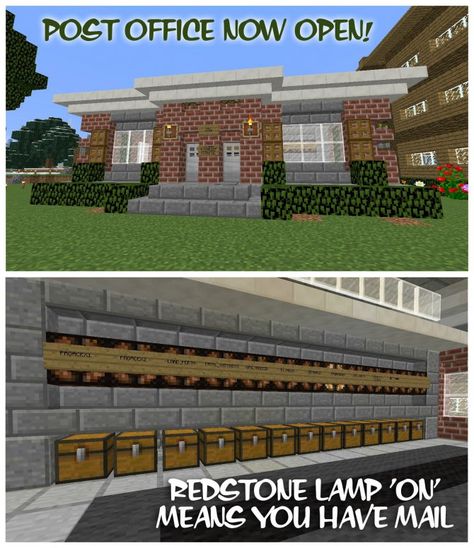 Cute little post office! Minecraft Mayor Office, Minecraft Post Office Ideas, Minecraft Mailbox Design, Post Office Minecraft, Mailbox Minecraft, Minecraft Mailbox Ideas, Minecraft Post Office, Minecraft Office Building, Minecraft Office Ideas