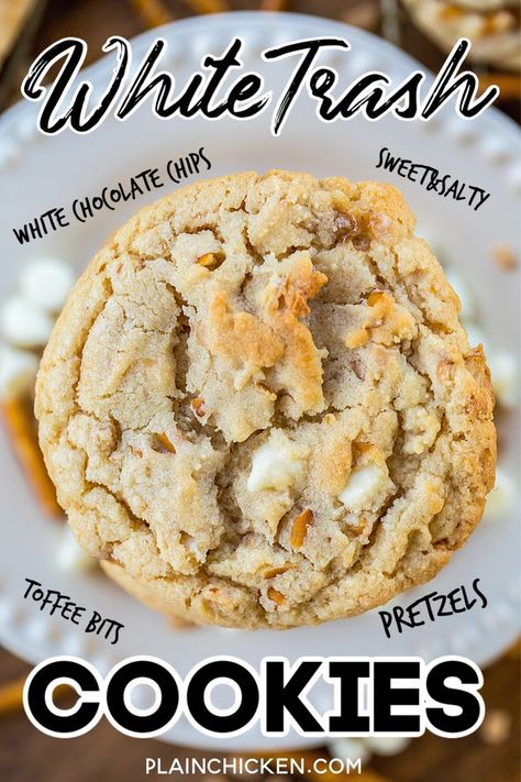 White Chocolate Trash Cookies - cookies loaded with white chocolate chips, toffee bits and pretzels. Sweet & salty in every bite. Sugar, brown sugar, butter, Bisquick, vanilla, egg, white chocolate chips, toffee bits, and pretzels. Copycat recipe of my favorite cookie at a local bakery. So easy to make and DANGEROUSLY delicious! These cookies never last long in our house! #cookies #whitechocolate #chocolatechipcookies White Chocolate Treats Easy, Trashcan Cookies Recipe, No Fail Cookie Recipes, Baking With White Chocolate Chips, Cookie With White Chocolate Chips, White Chocolate Trash Recipe, Trash Cookies Recipes, Trash Can Cookies Recipe, Recipes With White Chocolate Chips