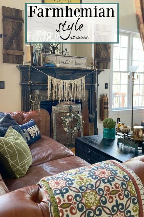 Farmhemian Decor, Eclectic Farmhouse Decor, Boho Farmhouse Living Room, Boho Farmhouse Decor, Eclectic Farmhouse, Fireplace Surround, Farmhouse Living Room, Country Living Room, Boho Farmhouse