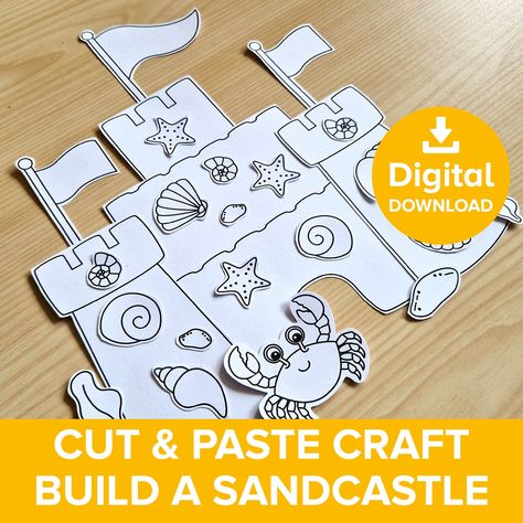 Sandcastle Cut & Paste Craft Printable, Beach Castle Color Build Kit, Summer Vacation Sea Creatures Model, Seaside Art Activity Template Sand Castle Craft, Activity Template, Beach Sand Castles, Preschool Summer Camp, Beach Castle, Castle Model, Castle Crafts, Beach Week, Summer Camp Ideas