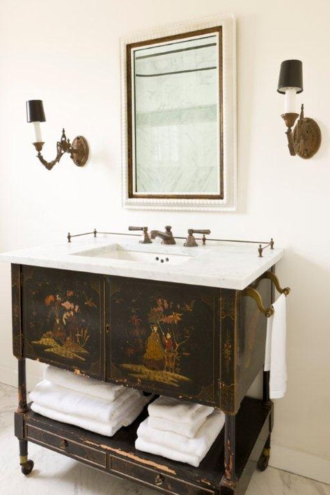 Chinoiserie / Asian / Oriental cabinet repurposed as a bathroom vanity - Marble countertop - Antique wall sconces Asian Cabinet, Wooden Bathroom Vanity, Shabby Chic Vanity, Classic Cabinet, Bad Inspiration, Wooden Bathroom, Beautiful Bathrooms, Bath Vanities, Cheap Home Decor