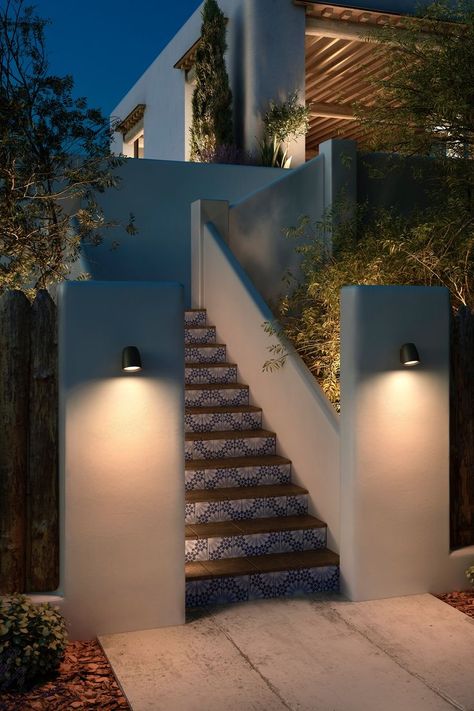 Outdoor staircase with blue decorative tiles on the staircase, and pendant lighting. Small Wall Lights, Outdoor Wall Light Fixtures, Adjustable Wall Light, Modern Wall Lights, Waterproof Led, Outdoor Wall Lamps, Unique Wall Decor, Outdoor Solar, Modern Lamp