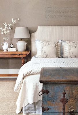 Love the old trunk and that side table - beautiful! The combination with gray walls is perfect. via: The Board - MacRae Designs Blog: March 2012 French Bedroom, Atlanta Homes, Inviting Home, Dreamy Bedrooms, Blue Rooms, Cozy Space, Beautiful Bedrooms, Bedroom Inspirations, Interior Designer