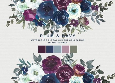 Plum And Navy Wedding, Peony Bouquets, Navy Watercolor, Boho Clipart, Bouquet Clipart, Wedding Color Pallet, Plum Wedding, Floral Clipart, Wedding Theme Colors