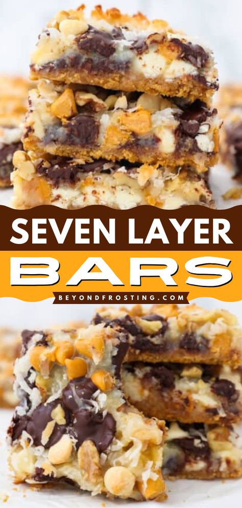 Time for some easy Seven Layer Bars! This magic bar recipe is definitely the dessert to make at home today. Loaded with chocolate chips, butterscotch, coconut, and more, these cookie bars will become one of your favorite sweet food! Five Layer Bars, Seven Layers Of Heaven Magic Bars, Easy Magic Bars, Recipes With Butterscotch Chips, Layered Dessert Recipes, Desert Bars, Butterscotch Recipes, Magic Bars Recipe, Seven Layer Bars