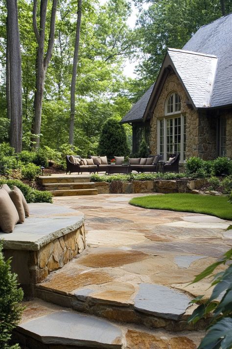 ♥ Are you dreaming of a cozy outdoor space to relax and entertain? Dive into the charm of this flagstone patio with a beautiful flagstone pathway and design ideas on a budget. Discover the perfect combination of natural elements like concrete, black, grey, and red stones, along with a fire pit for those chilly nights. Transform your backyard into a peaceful oasis with this flagstone patio design. #patioideas #backyarddesign #outdoorliving 🌿🔥 Flagstone Pool Patio, Field Stone Patio, Patio With Stones, Stamped Concrete Flagstone, Crushed Limestone Patio, Patio Materials Ideas, Patio Design With Fire Pit, Flagstone Porch, Flagstone Ideas