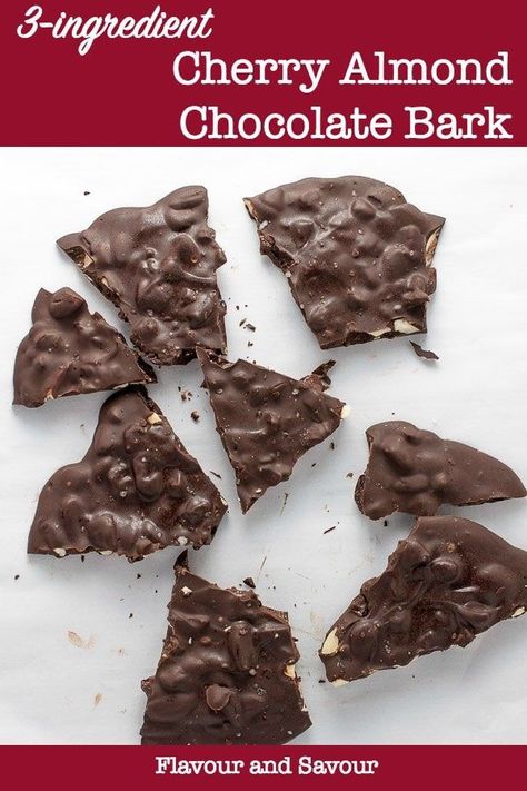 Cherry Almond Chocolate Bark. Need a last-minute sweet or hostess gift? Fast and super easy! Only 3 ingredients. #chocolatebark #cherry #almond #hostessgift #teachergift #diy #easy #flavourandsavour Pecan Bark, Dark Chocolate Bark, Lauren Kelly, Pudding Chia, Almond Chocolate, Christmas Foods, Healthy Sweet Treats, Keto Dessert Easy, Cherry Almond