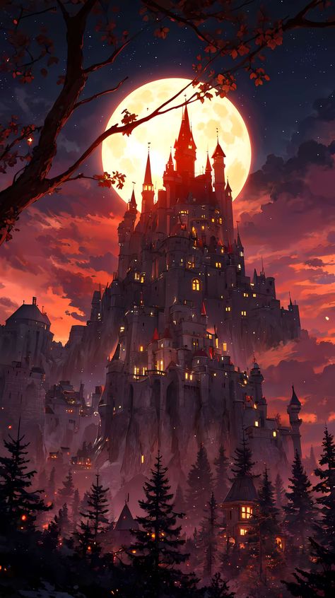 By Inno_Squirrel - Pixiv 60823635  AI generated illustration castle wallpaper night view background moon scenery Fall Forest Wallpaper Iphone, Fall Fantasy Wallpaper, Castle Wallpaper Iphone, Fall Wallpaper Phone, Illustration Castle, Forest Wallpaper Iphone, Moon Scenery, Background Moon, Castle Night