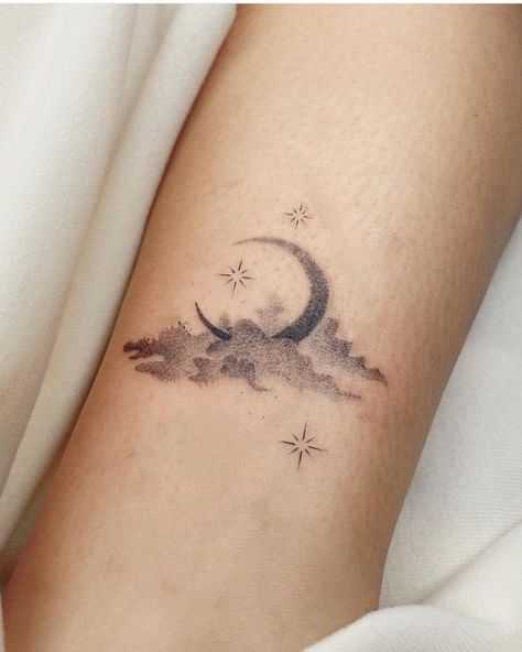 Delicate Moon And Stars Tattoo, Moon Landscape Tattoo, Moon And Galaxy Tattoo, Moon Sky Tattoo, Moon Tattoo Sleeve, Starry Sky Tattoo, Starry Tattoo, Moon And Clouds Tattoo, Milky Way Tattoo