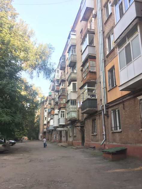 These apartments are very typical with balconies. From Soviet era. Russian Apartment, Soviet House, Soviet Ukraine, Eastern Europe Apartment Aesthetic, Soviet Apartment, Ukrainian Apartment, Soviet Apartment Aesthetic, Soviet Building Aesthetic, European Apartment