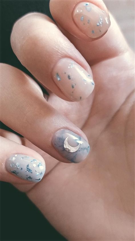 Dusty Blue Nail Designs, Wizard101 Aesthetic, Blue Nails With Silver, Royal Blue Prom Nails, Futuristic Nails, Moonstone Nails, Blue Prom Nails, Nails With Silver, Tiny Bedroom Design