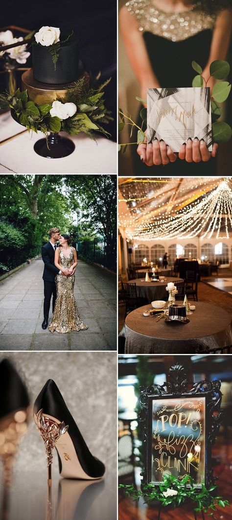 New Years Eve Wedding Ideas, Wedding Decorations Gold, New Years Eve Wedding, New Years Wedding, Black Gold Wedding, Nye Wedding, New Years Eve Weddings, Gold Wedding Decorations, Gatsby Wedding