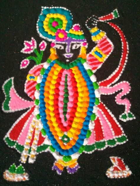 Rangoli of lord shrinathji on the occasion of diwali by hima shah(me). Goverdhan Maharaj, Shreenathji Rangoli Design, Shreenathji Rangoli, Rangoli God, Ganpati Decoration At Home, Rangoli Designs Simple Diwali, Rangoli Colours, Rangoli Art, Rangoli Ideas