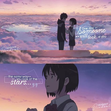 Anime - Your Name - Quote - "One day someone will look at you, the same way you look at the stars." - | #anime | #animeedit | #animeislife… Weathering With You Quotes, Your Name Anime Quotes, Your Name Quotes, Kimi No Na Wa Wallpaper, Stars Anime, Usui Takumi, Dark Text, Name Quotes, Your Name Anime