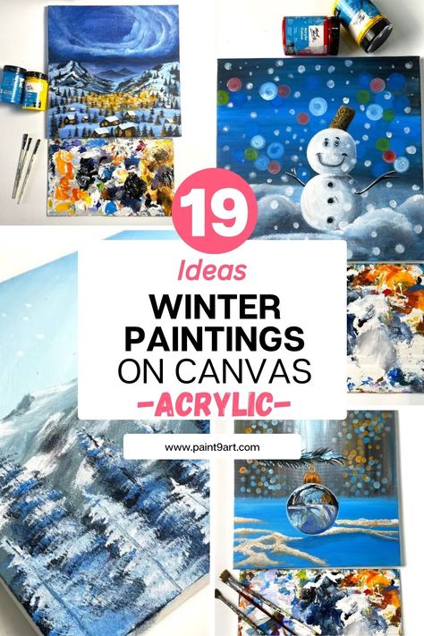 Winter-themed acrylic paintings on canvas, featuring snowy landscapes and festive scenes perfect for the season. Acrylic Painting Snow Scene, Easy Acrylic Winter Painting Ideas, Paint Night Winter Scenes, Winter Pictures To Paint, January Painting Ideas Canvases, Winter Step By Step Painting, Winter Scenes Paintings, Easy Winter Scenes To Paint, Winter Acrylic Paintings Step By Step