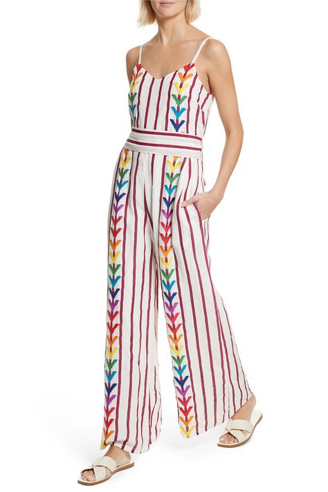 Dressy Jumpsuit Wedding, Rainbow Jumpsuit, Spring Trends Outfits, Rainbow Outfit, Rainbow Fashion, Stripe Outfits, Pride Outfit, Jumpsuit Summer, Striped Jumpsuit