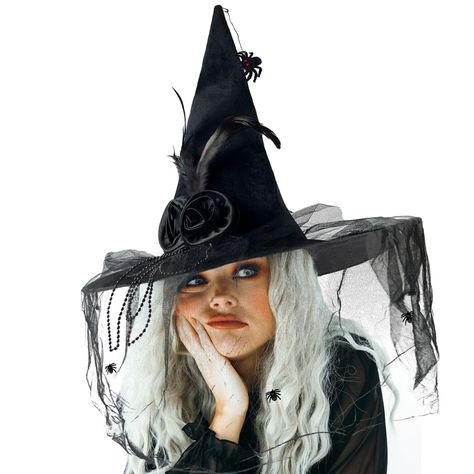 PRICES MAY VARY. WHAT YOU GET: 1 Piece of Black Witch Hat, 2 Pieces of Black Pins, 1 Piece of Detachable Spider. SIZE: The Halloween Hat's Height is Approx. 17.7 Inch(45cm),Outer Diameter is 17 Inch(43cm), Internal Diameter is 7.5 Inch(19cm), Black Veil Diameter is 9.5 Inch(24cm), Fit for Most and Lightweight. SPECIAL DESIGN: The Classic Black Witch Hat With Black Flower, Black Feather and Black Tulle Make Your Hat More Psychedelic, Mysterious and Dramatic, Catching the Eyes of Others and Enhanc Goth Pigtails, Decorated Witches Hats, Witchy Halloween Costumes, Womens Witch Costume, Witch Costume Aesthetic, Coven Party, Spider Witch Costume, Witch Costumes For Women, Modern Witch Hat