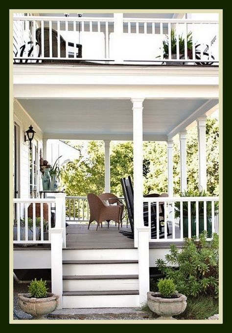 double decker porch upper for you and your family  Below for welcoming your friends and neighbors  Relaxing and conversing the old fashion way Front Porch With Balcony Above, Dream Porch, Southern Porches, Porch Ceiling, Building A Porch, Side Porch, Summer Porch, House Extension, House With Porch