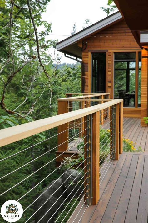 25 Awesome Deck Railing Ideas for Your Backyard Deck Wood Cable Railing Deck, Trex Deck Railing Ideas, Wood Deck Railing Ideas, Deck Ideas Off Back Of House, Elevated Deck Ideas, Back Deck Ideas, Deck Railing Ideas, Deck Railing Design, Railing Ideas