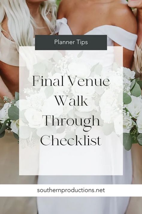 Final Venue Walk Through Checklist for wedding planners | Southern Productions Templates for Planners | In this blog post I'm sharing our newest planner template, our final venue walk through checklist #weddingplanner #weddingplannereducation #weddingplannermentor #weddingplannertips #weddingplannereducator #howtobecomeaweddingplanner #weddingplannerlife #weddingplannerchecklist #weddingplannertemplates #southernproductions #plannerprocesses #finalwalkthroughchecklist Final Walk Through Checklist, Checklist For Wedding, Venue Checklist, Event Rental Business, Wedding Planner Checklist, Checklist Wedding, Wedding Planner Business, Event Planning Template, Wedding Planning Business