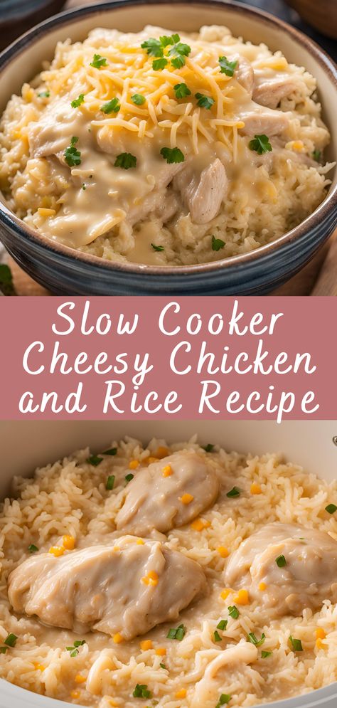 Slow Cooker Cheesy Chicken and Rice Recipe | Cheff Recipes Crock Chicken And Rice, Comfort Meals Crock Pot, Easy Crock Pot Chicken And Rice, Crock Pot Creamy Chicken And Rice Soup, Cheesy Chicken Crock Pot, Cheesy Chicken And Rice Crockpot Recipes, Crockpot Chicken And Minute Rice Recipes, Creamy Chicken And Rice Crockpot Recipes, Slow Cooker Cheesy Chicken And Rice