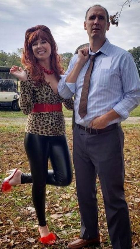 Ted Bundy Couple Costume, Unique Couples Costumes Diy, Ted And Peggy Bundy Costumes, Peggy Al Bundy Costumes, 90s Theme Couples Costume, Outdoorsy Costume Ideas, Al And Peg Bundy Costume, Peg Bundy Hair, Blake And Gwen Halloween Costume