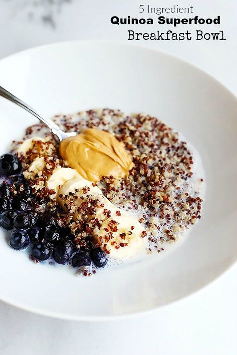 This 5 Ingredient Quinoa Superfood Breakfast Bowl is my new FAV snack! it's SO easy to prepare, only 5 ingredients and tastes amazing! blueberries, bananas, and Peanut Butter! Vegan and Gluten Free / TwoRaspberries.com Easy Breakfast Bowls, Superfood Breakfast Bowl, Superfood Breakfast, Breakfast Bowls Recipe, Quinoa Breakfast Bowl, Quinoa Breakfast, Quinoa Bowl, Fruit Breakfast, Breakfast Bowl