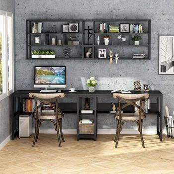 17 Stories Garden City Desk | Wayfair Office Double Desk, Double Desk Home Office, 2 Person Desk, Rustic Writing Desk, Desk With Bookshelf, Desk For Two, Two Person Desk, Low Bookshelves, Computer Desk With Shelves