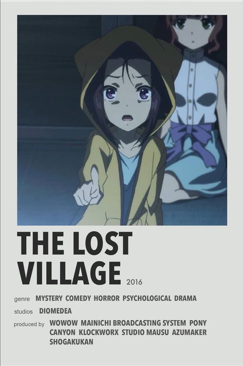 The Lost Village minimal anime poster The Lost Village Anime, Horror Anime Movies To Watch List, Animes To Watch Poster, Anime Horror Recommendation, Thriller Anime Recommendations, Anime Recs, Anime Watchlist, The Lost Village, Anime Sites