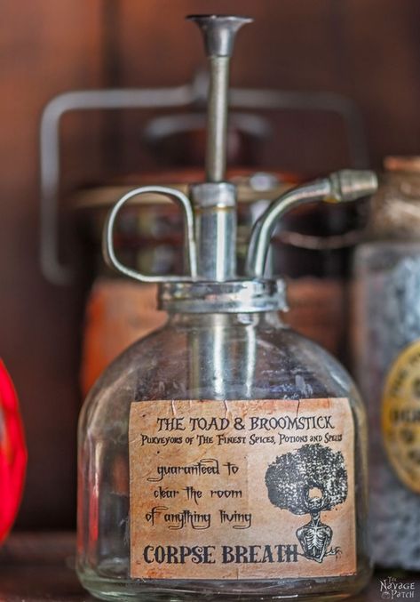 Apothecary Jars and Free Printable Labels | DIY potion bottle and spell books Halloween decor | Harry Potter theme Halloween decor ideas | Free printable labels for apothecary jars | DIY apothecary jars with Dollar store supplies | Spooky and fun witches kitchen ideas | #TheNavagePatch #Halloween #diy #easydiy #potionbottle #potion #halloweedecor # halloweenparty #dollarstore #dollartree #upcycle #repurposed #HarryPotter | TheNavagePatch.com Vintage Jar Labels, Diy Apothecary Jars, Halloween Apothecary Jars, Diy Apothecary, Apothecary Jars Decor, Halloween Bottle Labels, Witches Kitchen, Craft Therapy, Apothecary Decor