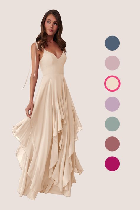 This flowy dress features double adjustable spaghetti straps with a bow tie at the shoulders, pockets, and a ruffled tier handkerchief cut skirt. Coral Bridesmaid Dresses, Rose Bridesmaid Dresses, Evening Accessories, White Bridesmaid Dresses, White Alabaster, Mother Wedding Dress, Chiffon Bridesmaid Dresses, Azazie Bridesmaid Dresses, Mai Tai