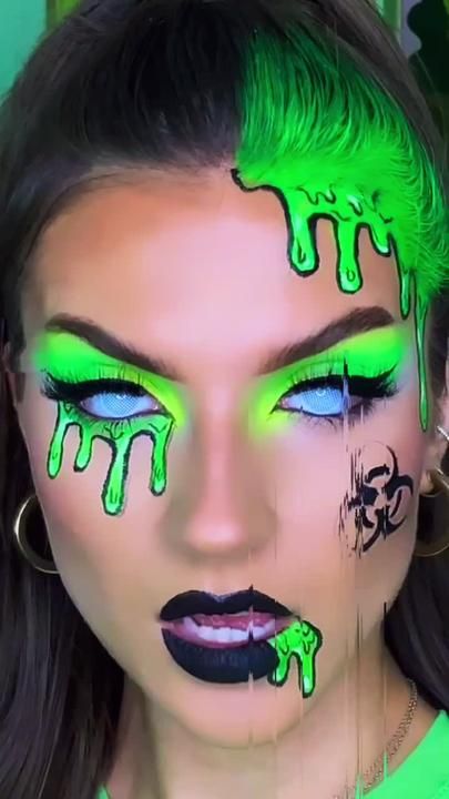 Slime Makeup Look, Toxic Halloween Costume, Toxic Makeup Halloween, Toxic Waste Costume, Toxic Waste Makeup, Neon Goth Makeup, Glow In The Dark Halloween Makeup, Radioactive Costume, Radioactive Makeup