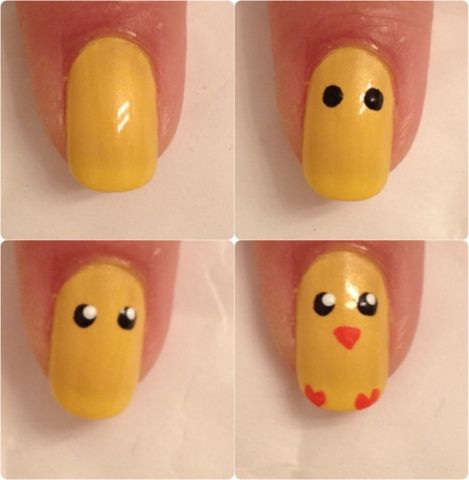 Nail arts by Bedizzle: Chick nails  I could see my niece doing this with "In memory of"...next nail the chick...next nail "Ileen". Easter Nail Art Tutorial, Nailart Tutorial, Kutek Disney, Easter Nail Designs, Easter Nail, Easter Nail Art, Animal Nails, Nails For Kids, Easter Nails