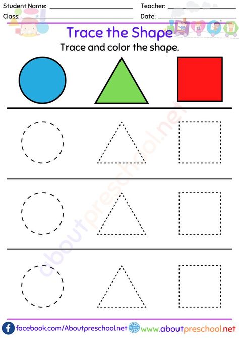 Trace the Shape Worksheet Worksheet On Shapes, Shapes For Preschool, Trace The Shapes, Kindergarten Shapes, Shape Worksheet, Nursery School Activities, Preschool Shapes, Kids Shapes, Free Printable Alphabet Worksheets