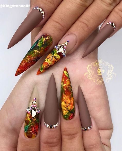 Nagellack Trends, Long Nail Designs, Stiletto Nails Designs, Pretty Nail Designs, Fall Acrylic Nails, Fall Nail Art, Fall Nail Colors, Beautiful Nail Designs, Coffin Nails Designs