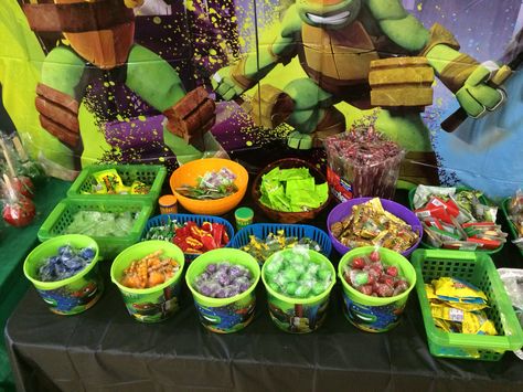 Ninja turtle candy table Ninja Turtle Candy Table, Black Candy Buffet, Candy Table Ideas, Birthday Candy Table, Turtle Dessert, Turtle Candy, Ninja Turtle Theme, Turtle Table, Ninja Turtles Birthday