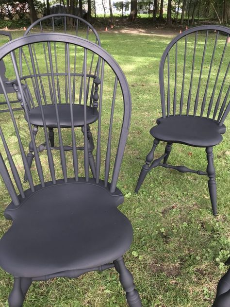 Painting Spindle Chairs, Painted Black Dining Chairs, Painting Oak Chairs Black, Dining Chairs In Living Room, Spray Painting Dining Room Chairs, Black Chalk Paint Dining Chairs, Modern Farmhouse Kitchen Table And Chairs, Painting Dining Room Chairs Black, Spray Paint Dining Chairs