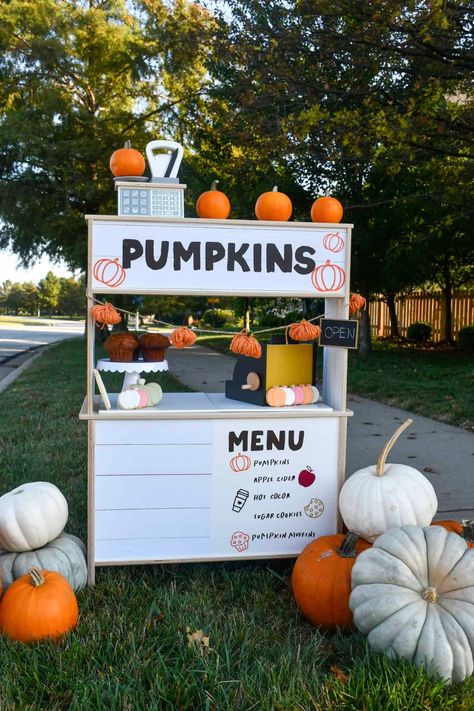 Decorated pumpkin stand made from the Ikea play kitchen. Has toys on it and pumpkins around it. Fall Lemonade Stand, Ikea Duktig Hack, Ikea Duktig Kitchen, Pumpkin Menu, Fall Bake Sale, Apple Cider Cookies, Stall Decorations, Pumpkins For Sale, Ikea Play Kitchen