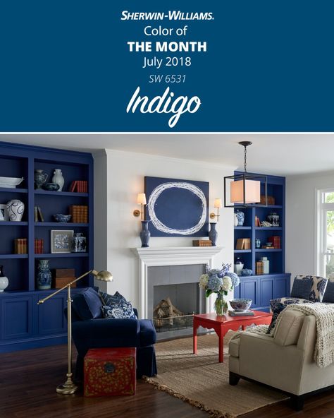 Escape the heat and find your oasis with the Sherwin-Williams July Color of the Month, Indigo SW 6531. This stunning deep blue is ideal for any space meant for welcoming people into your home, or just relaxing and making memories. Click through to find details, coordinating colors and more information on this gorgeous hue. Indigo Paint Color Sherwin Williams, Indigo Blue Paint Colors, Indigo Sherwin Williams, Indigo Paint Color, Sherwin Williams Indigo, Purple Paint Color, Indigo Blue Paint, Trim Inspiration, 2024 Colors