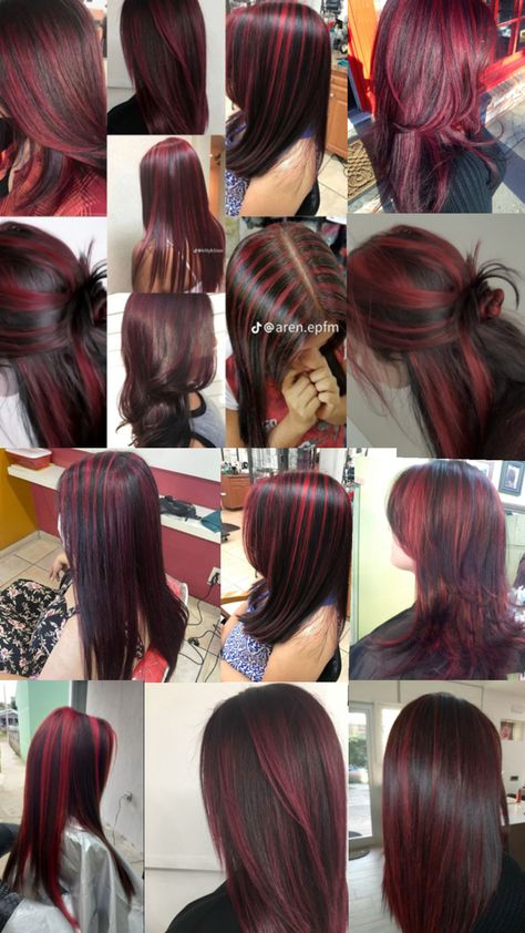 What To Do With Brown Hair, Breakup Hair Change, Skunk Hair Red, Red Hair On Brown Hair, Red Highlights In Black Hair, Different Ways To Dye Your Hair, Red Skunk Hair, Pretty Hair Color Ideas, Hair Highlights For Dark Hair