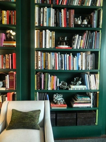 GOING GREEN – PART II – NEUTRAL GREENS-  BM Hunter Green Diy Bookshelf Wall, Green Bookshelves, Kips Bay Showhouse, Painting Bookcase, Old Country Houses, Easy Woodworking Ideas, Urban Interiors, Studio Living, Bookshelves Diy