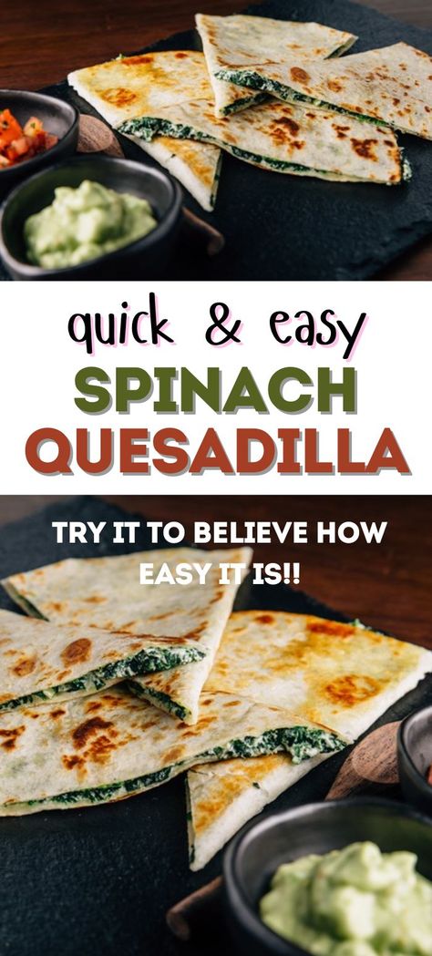 Spinach quesadilla on a plate, filled with melted cheese and fresh spinach. A simple, quick meal idea that's both healthy and delicious. Perfect for busy days or a fast dinner. #SpinachQuesadilla #QuickMeal #EasyRecipe Spinach Cheese Quesadilla, Spinach Meals, Quesadillas Recipes, Spinach Quesadilla, Vegan Bites, Mexican Things, Cream Cheese Spinach, Health Meals, Spinach Tortilla